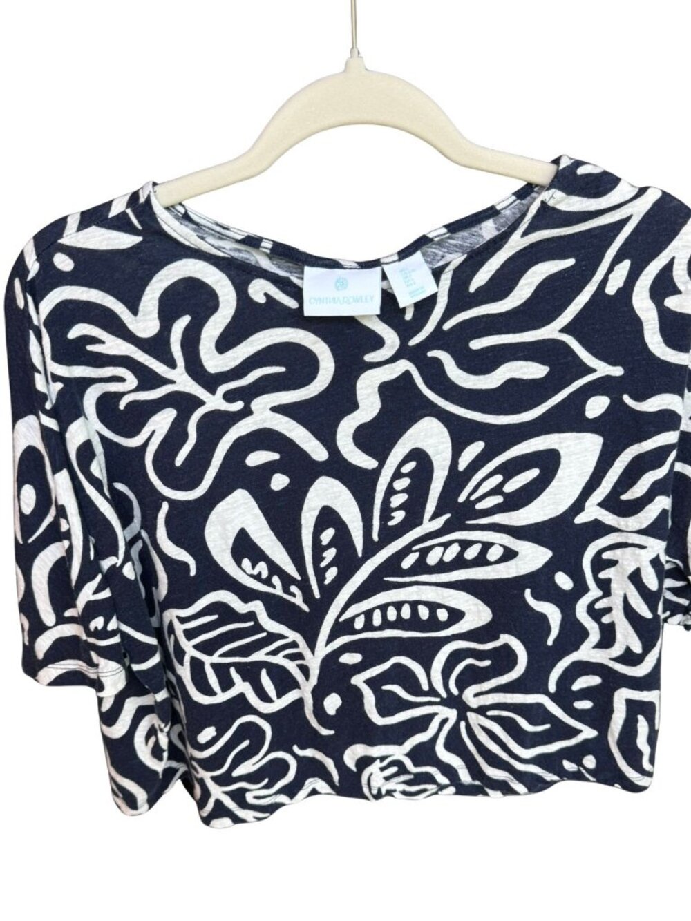 Cynthia Rowley Linen Blend Tropical Floral Boxy Crop Top Navy Ivory Size Large